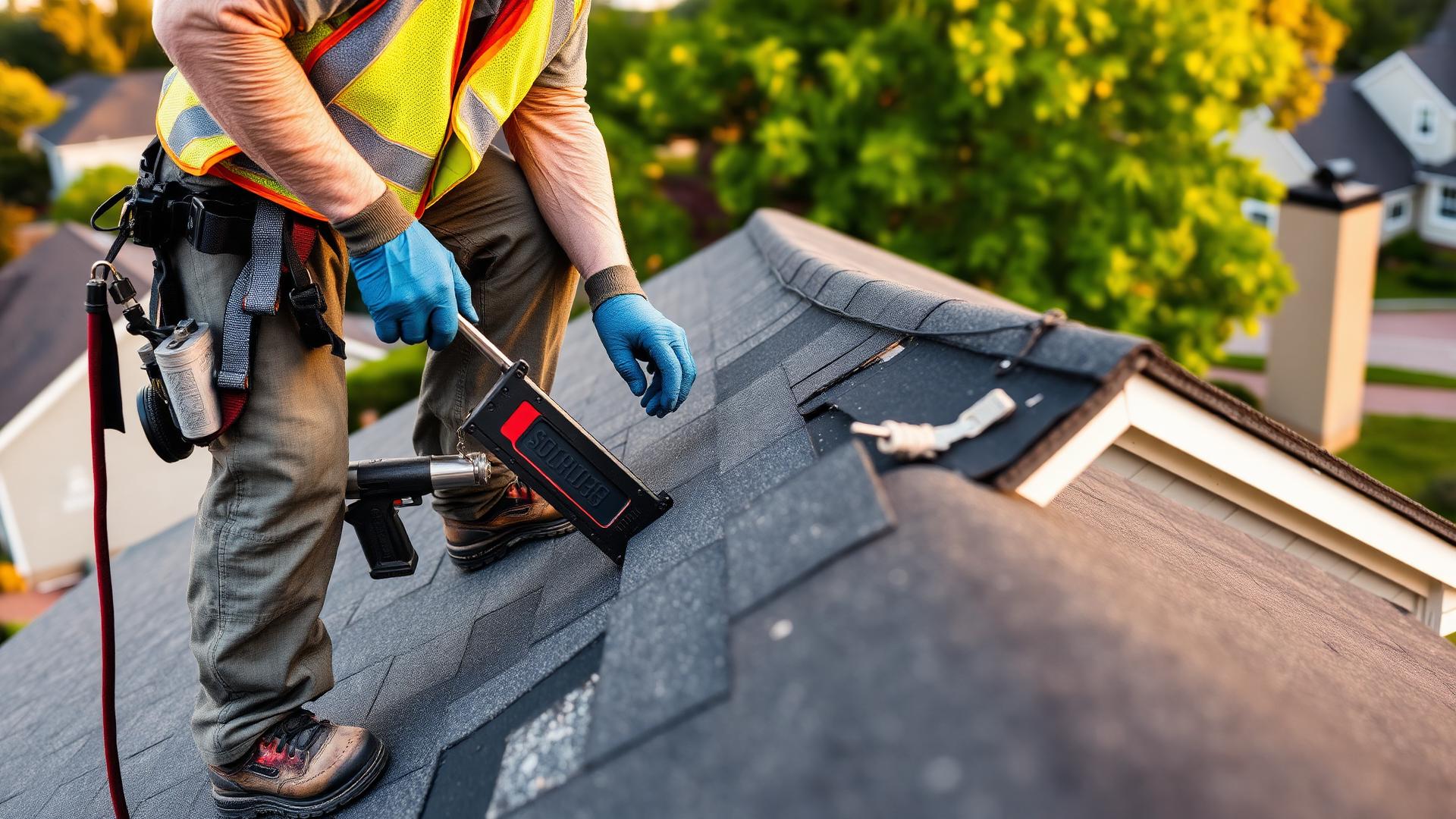 Licensed roofer repairing damaged asphalt shingles on a Takoma Park, MD home